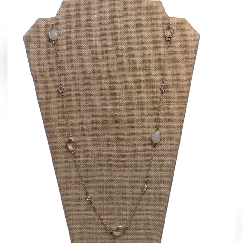 LOFT Necklace 36" Gold Toned Clear / White Faceted Oval Stones